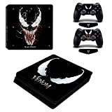 PS4 Slim Skin Sticker for Console and 2 DualShock Controllers Full Wrap Vinyl Decal Protective Cover Faceplate for Venom Compatible with Sony PlayStation 4 Slim, black