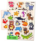 Toddler Toys Puzzles for Kids Ages 2-4 by QUOKKA – 3 Wooden Puzzles for Toddlers 1-3 with Matching Pictures Inside - Wood Toy for Learning Animals - Gift Educational Game for Boy and Girl 3-5