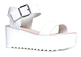 Women's Platform Buckle Sandal - Open Peep Toe Fashion Chunky Ankle Strap Shoe - Surf by J Adams,Bone,7 B(M) US