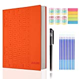 JIJLIFE Smart Reusable,and Durable keyboard pattern A5 Size (8.27"×5.9") Premium Orange Leather Notebook With An Erasable blue/black refill Pen And a Free Notebook of Ordinary And a Set of Brightly Colored Memo And Paper Clips