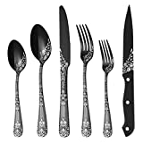 PHILIPALA 24-piece Black Silverware Set with Steak Knives for 4, Stainless Steel Flatware Cutlery Set, Knives and Forks and Spoons Sets,Unique Pattern Design,Mirror Polish and Dishwasher Safe