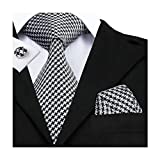 Hi-Tie Houndstooth Ties Silk Black Gray Necktie Set with Woven Handkerchief Cufflinks