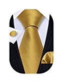 Barry.Wang Mens Gold Tie Silk Woven Solid Striped Wedding Formal Business Necktie and Handkerchief Set Cufflinks