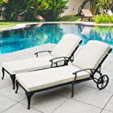 Villeston Lounge Chairs for Outside, Chaise Lounges Outdoor Pool Chair Set of 2 Cast Aluminum Patio Furniture Tanning with Beige Cushion Recliner