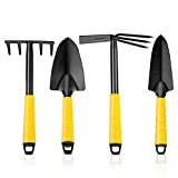 Greyghost Garden Tool Set, 4Pcs Heavy Duty Mini Garden Hand Tools Iron Carbide Alloy Garden Hand Tools Including Trowel, Transplanter, Cultivator, 2-in-1 Rake/Hoe for Gardening, Digging, Planting