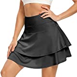 WOWENY Women's Active Skort Athletic Ruffle Pleated Tennis Skirt with Pocket for Running Golf Workout (2-Layer Black, M)