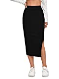 SheIn Women's Basic Plain Ribbed Knit Split Stretchy Pencil Bodycon Midi Skirt Black Large