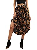 SheIn Women's Floral Print Button Front Ruffle Hem High Waist A Line Midi Skirts Black Floral Medium