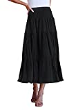 ZESICA Women's Casual High Elastic Waist Solid Color Ruffle A Line Swing Midi Skirt,Black,Large