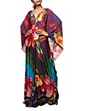FJYIRI Women's Turkish Caftans Ethnic Print Plus Size V Neck Swimsuit Cover Up (Colorful Flowers)