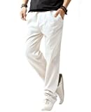 SIR7 Men's Linen Casual Lightweight Drawstrintg Elastic Waist Summer Beach Pants White 2L