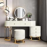 FUKAYI Women Dresser Table Vanity Corner Makeup Table Set Makeup with 5 Drawers Banity Dressing Table with Lighted Mirror and Chair Makeup Vanity Benches Vanity Desk for Girls White