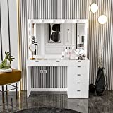 Boahaus Serena Modern Makeup Vanity with Hollywood Light Bulbs Add-On, 7 Drawers, Wide Mirror, Glam Glass Top for Bedroom (White)