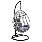 SereneLife Hanging Egg Indoor Outdoor Patio Wicker Rattan Lounge Chair with Stand, Steel Frame, UV Resistant Washable Cushions for Garden Backyard Deck Sunroom SLGZ0EGG (Gray)