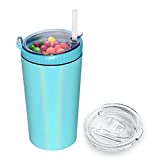 JIVILILM Snack tumbler with lid and straw, stainless steel insulated 2-in-1 travel coffee mug, water bottle with snack cup (Glitter Aqua, 16 OZ)