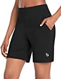 BALEAF Women's 7" Athletic Long Shorts High Waisted Running Bermuda Shorts with Pockets Black Large