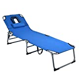GYMAX Beach Chaise Lounge, Adjustabel Folding Sunbathing Recliner with Face Hole & Removable Pillow, Portable Folding Cot for Beach Patio Backyard (1, Blue)
