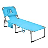 GYMAX Beach Chaise Lounge, Folding Adjustable Sunbathing Chair with Tan Face Cavity, Arm Hole, Carry Handle & Side Pocket, Portable Lightweight Recliner Chair for Poolside (1, Turquoise)