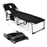 Giantex Beach Chaise Lounge Chair, Patio Folding Recliner with Face Cavity Hole, Detachable Pillow, Arm Slots, Storage Pouch, Portable Tanning Chair for Poolside Adjustable Sunbathing Chair (1, Black)