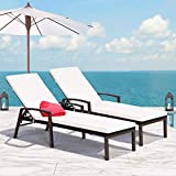 Tangkula Set of 2 Patio Furniture Outdoor Rattan Wicker Lounge Chair Set Adjustable Poolside Chaise with Armrest and Removable Cushions