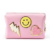 LieToi Preppy Patch Small Toiletry Bag Smile Lightning Heart PU Leather Portable Waterproof Makeup Cosmetic Bag Daily Use Storage Purse Travel Organizer Compliant Bag for Women Girls Gift (Pink)