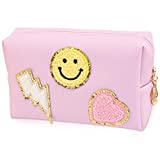 Preppy Makeup Bag Pu Leather Aesthetic Waterproof Portable Cosmetic Bag Travel Makeup Organizer Travel Accessories Makeup Bag for Women Pink