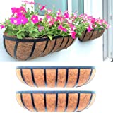 Deck Railing Planter Boxes - 24 Inch, 2 Pack Wall Planters for Outdoor Plants, Window Flower Boxes for Deck Railings with Coco Liners Metal Horse Troughs Fence Planter Balcony Patio Porch Over Rail