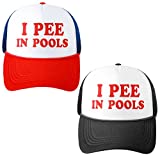 Funny Trucker Cap 2 Pieces I Pee in Pools Hat Retro Funny Baseball Cap Adjustable Mesh Adult Hat for Swimming Pool Men Women(Black, Red with Blue)