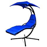 Safstar Hanging Chaise Lounger with Removable Canopy, Patio Swing Chair and Stand with Cushion & Built-in Pillow, Hanging Arc Chaise Hammock for Backyard Garden Patio Poolside (Navy Blue)