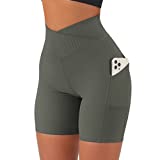 OMKAGI Women Cross Waist Workout Shorts with Pockets 5" High Waisted Biker Shorts(M,905-Green)