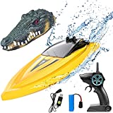 2 in 1 RC Boat for Kids, 2.4G Crocodile Remote Control Boat for Pools and Lakes Pond Garden Mini Yellow Speed Electric Floating Toys Boat with Disassembled Simulation Crocodile Head Spoof Toy for Boy