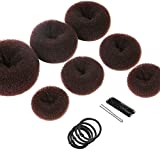 Donut Hair Bun Maker 7 Pieces, Teenitor Ring Style Bun Maker Set with Hair Bun Makers (1 extra-large, 2 large, 2 medium and 2 small), 5 pieces Hair Elastic Bands, 20 pieces Hair Pins, Dark Brown