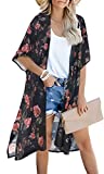 Kimonos for Women Summer Floral Printed Cover Ups Flowy Split Club Long Swimsuit(Black Rose)