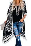 momolove Women's Beach Swimwear Cover Up Kimono Loose Tops Floral Blouse Cardigan Black