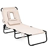 Goplus Tanning Chair, Folding Beach Lounge Chair with Face Hole, Removable Pillow, 350LBS Capacity, Carry Strap, 5-Position Adjustable, Sunbathing Chair, Portable Outside Lounge Chair for Patio Pool