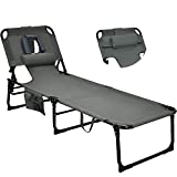 Goplus Tanning Chair, Folding Beach Lounge Chair with Face &Arm Hole, 5-Position Adjustable,Removable Pillow,Side Pocket, Sunbathing Chair, Portable Outdoor Lounge Chair for Patio Pool Lawn (1, Gray)