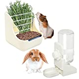 HERCOCCI Rabbit Hay Food Feeders Rack, Bunny Water Bottle No Leak, 2 in 1 Hay Food Feeder Bowls with 500ml Hanging Water Dispenser for Guinea Pig Chinchilla Small Animals Water Food Feeding Set(WHITE)