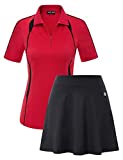 Golf Suits for Women 2 Pieces Dry Fit Polo Shirts with Pockets Mesh Shorts Workout Sets for Running Active(Red&Black,L)