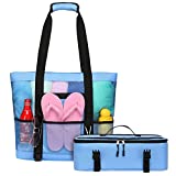 Beach Bag, F-color 2-in-1 Mesh Beach Bag with Detachable Insulated Cooler, Large Durable Eco-friendly Beach Tote with 9 Pockets Padder Straps for Women Men, Blue
