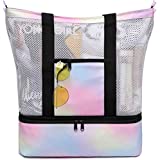 BLUBOON Mesh Beach Bag with Cooler Women Insulated Detachable Picnic Cooler Beach Tote MAX Capacity 34L Durable Pool Bag (E0050-Rainbow)
