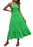 BTFBM Women One Shoulder Sleeveless Casual Summer Dresses Smocked High Waist Floral Print Boho Pleated Swing Maxi Long Dress (Floral Green Blue, Large)