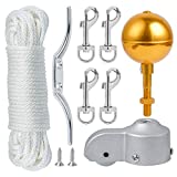 Flag Pole Hardware Parts Repair Kits, 50 Feet Halyard Rope + 3" Gold Ball + 6" Zinc Alloy Cleat + 4 PCS Metal Hook Clips + Cast Aluminum Truck for 2" Diameter Flag Poles Top