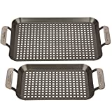 Grill Topper BBQ Grilling Pans (Set of 2) - Non-Stick Barbecue Trays w Stainless Steel Handles for Meat, Vegetables, and Seafood - Great for Fathers Day