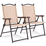 Giantex Set of 2 Patio Folding Chairs, Sling Chairs, Indoor Outdoor Lawn Chairs, Camping Garden Pool Beach Yard Lounge Chairs w/Armrest, Patio Dining Chairs, Metal Frame No Assembly, Yellow