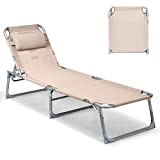 Goplus Adjustable Chaise Lounge Chair Recliner w/Sunbathing Tanning Face Down Hole for Beach Outdoor Pool Patio Deck (Apricot)