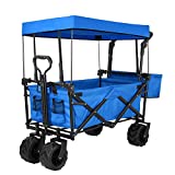 Push and Pull Collapsible Utility Wagon, Heavy Duty Folding Portable Hand Cart with Removable Canopy, 7 All-Terrain Wheels, Adjustable Handles and Double Fabric for Shopping, Picnic, Beach, Camping