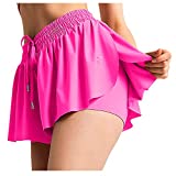 BODOAO 2-in-1 Double Layer Running Yoga Shorts for Women Quick-Dry Drawstring Waist Flowy Hem Fitness Workout Athletic Shorts (03 Hot Pink, L)