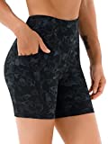 AFITNE Yoga Shorts for Women with Pockets High Waisted Printed Workout Athletic Running Shorts Biker Spandex Gym Fitness Tights Leggings Black Camo - M