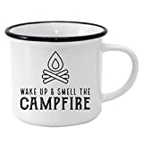 DIGIBUDDHA Wake Up And Smell The Campfire Autumn Mug, Tin Coffee Mugs Camping, Enameled Camp Cup Camper Metal Drinking Cup, Enamel Camping Dishes Happy Camper Mug Unbreakable Enamelware Dishes (18 oz)