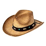 Comhats Western Style Round Cowboy Straw Hat Ladies Fedora Chin Cord Vegan Leather Band Shapeable Brim Beach Cowgirl Khaki